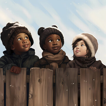 Three cute afro american kids behind a fence in winter