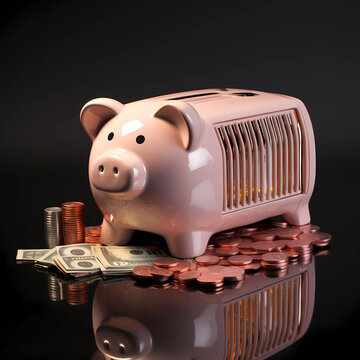 Piggy Bank as radiator with money in front of black background