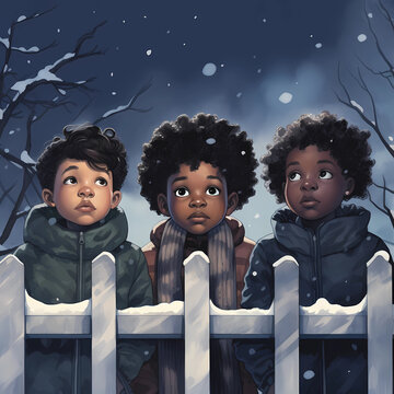 Three afro american children in winter behind a fence