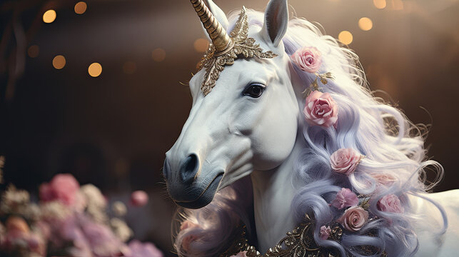 Contemporary art. Concept my unicorn life. White Unicorn in dreams flowers. Realistic photo.
