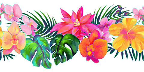 Horizontal seamless border of colorful tropical flowers and leaves