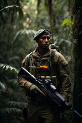 Fototapeta premium A man holding a rifle in a forest