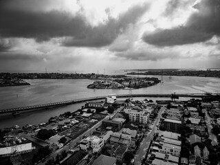 An aerial image of the Lagos lagoon and the Lekki Ikoyi link bridge