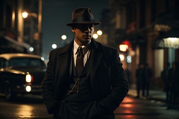 A mysterious man in a suit and hat standing on a dimly lit street at night