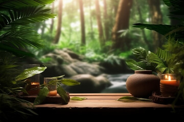 Candles on a wooden table. Rainforest in the background. Spa and wellness background.