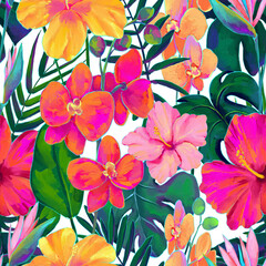 Seamless pattern of neon colored orchid and hybiscus flowers