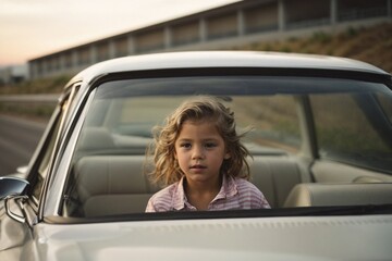 A young girl sitting in the passenger seat of a car