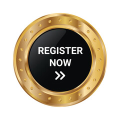 Glossy Register Now Button, Register Here, Register Now Badge, Emblem, Seal, Push Button, Realistic 3D Shiny Registration Button Reflection, Design Element Isolated On White Background