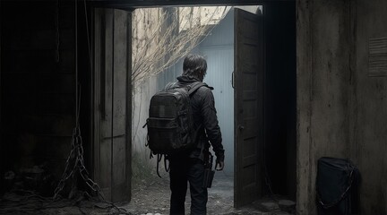 A man entering a doorway with a backpack