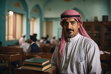 A man standing in a room surrounded by a towering stack of books