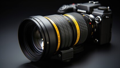 Fototapeta na wymiar professional camera with yellow detailing on black background