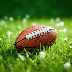 American football placed on green grass. Generative Ai, Ai.