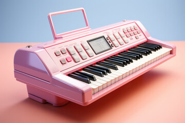 Isolated image of a musical keyboard on a pink background, highlighting the instrument's aesthetics and musicality. Generative Ai.