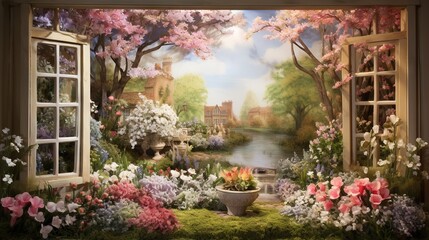  a painting of a garden with flowers and a river in the background.  generative ai