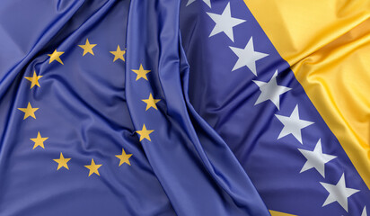 Ruffled Flags of European Union and Bosnia and Herzegovina. 3D Rendering - obrazy, fototapety, plakaty