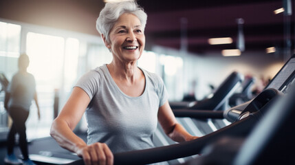 Fototapeta premium Sporty mature woman on treadmill in gym at fitness club.