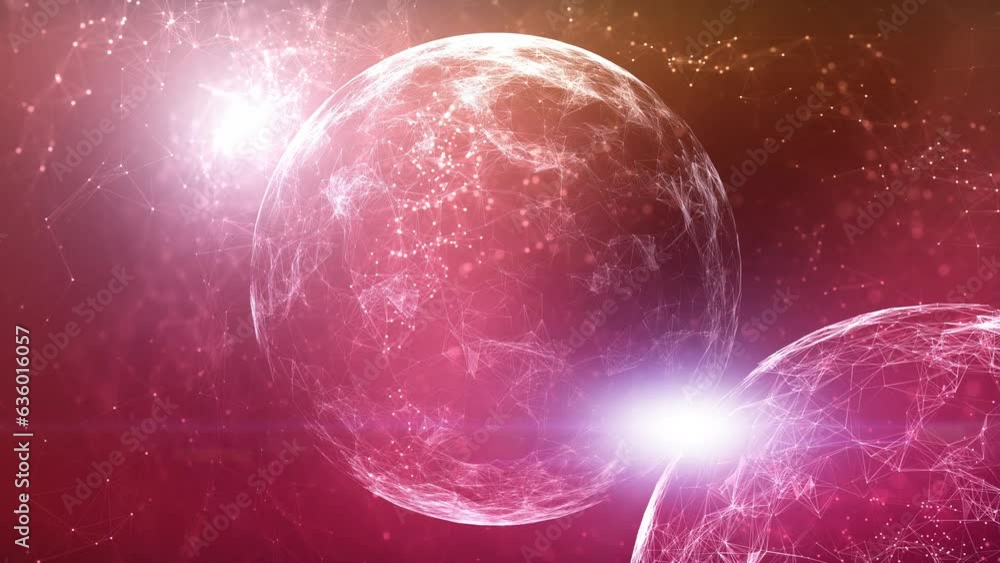 Poster glowing spheres loop rotation in red blue cyberspace.