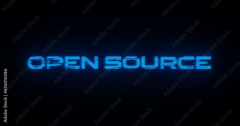 Poster 3d rendered animation of an open source neon blue sign on a black background
