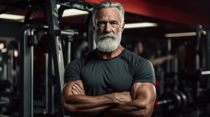 Fototapeta na wymiar Confident old pensioner is spending time in gym