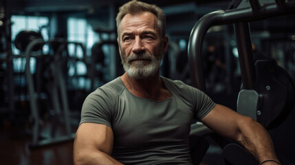 Fototapeta na wymiar Concentrated mature man looking at camera at gym