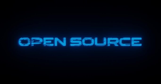 3d rendered animation of an OPEN SOURCE neon blue sign on a black background