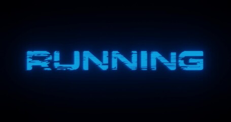 3d rendered animation of a RUNNING neon blue sign on a black background