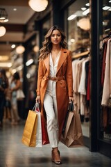 A woman shopping in a bustling mall with multiple shopping bags in hand - obrazy, fototapety, plakaty