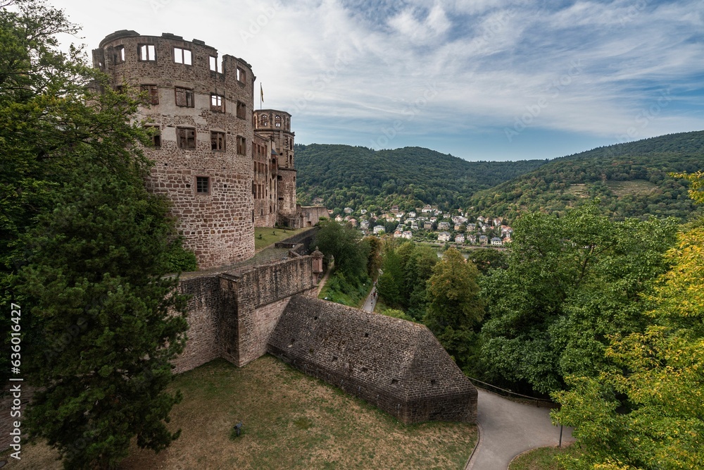 Sticker Heidelberg Castle against the background of green hills. Germany.