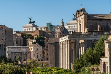 Fototapeta na wymiar View of the Roman Forum with the Altare della Patria (Vittoriano) in the background, Rome, Italy.