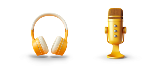set of nice stylish and cool broadcast professional microphone and a matching yellow headphones, generic design isolated cutout on transparent png background icons for listening to music or podcast