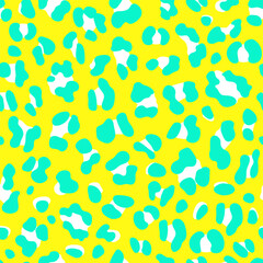 Animal leopard print with mint green and white spots on bright yellow background.