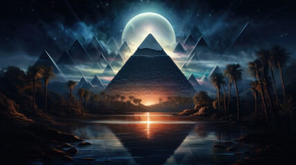 Futuristic abstract night neon background based on Pyramids of Egypt at Giza. Light pyramid in the center. Night view of the pyramid. - obrazy, fototapety, plakaty