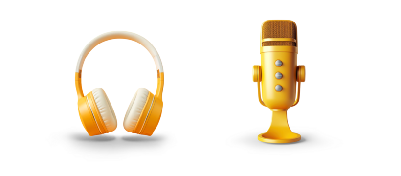 set of nice stylish and cool broadcast professional microphone and a matching yellow headphones, generic design isolated cutout on transparent png background icons for listening to music or podcast