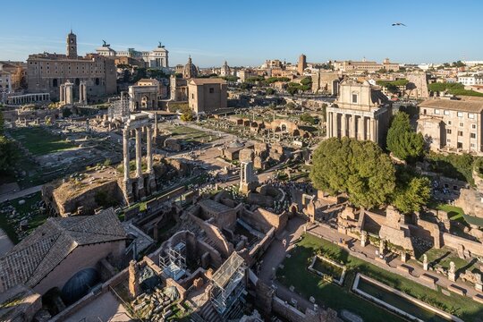 View of the Roman Forum with the Altare della Patria (Vittoriano) in the background, Rome, Italy.