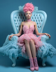 Fototapeta premium .Portrait of a woman in a flowing pink dress with an interesting romantic hairstyle sitting in a blue vintage style armchair