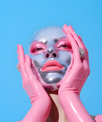 Young woman's face covered with silver mask, highlighted mouth with pink lipstick, skin care, beauty preservation ideas