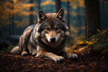 A majestic wolf resting peacefully in a serene forest