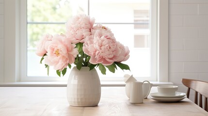  a vase of pink flowers sitting on a table next to a teapot.  generative ai