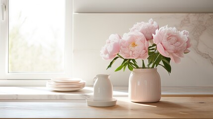  a vase of pink peonies on a table next to a stack of plates.  generative ai