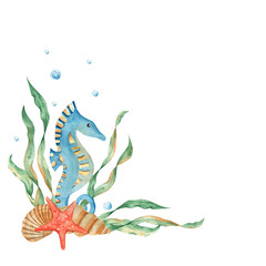 Marine corner composition of cute seahorse, seaweeds, seashells, red starfish, water bubbles. Watercolor hand drawn illustration for children isolated on white background. For cards, posters, marine