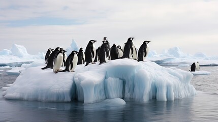  a group of penguins standing on an iceberg in the water.  generative ai