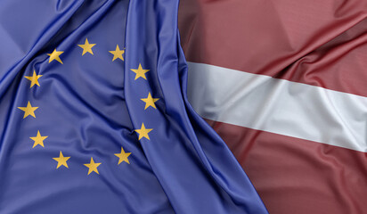 Ruffled Flags of European Union and Latvia. 3D Rendering