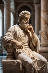 A seated male statue in a museum room