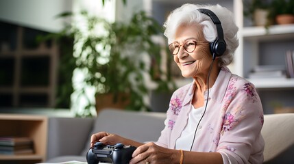 Gaming Serenity: Elderly Woman Finds Entertainment in Living Room