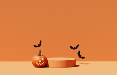 Fototapeta na wymiar 3D pedestal podium, orange background. Pumpkin falling with flying bat . Halloween Jack o lantern display showcase. Autumn product promotion. Abstract spooky fall. 3D render illustration