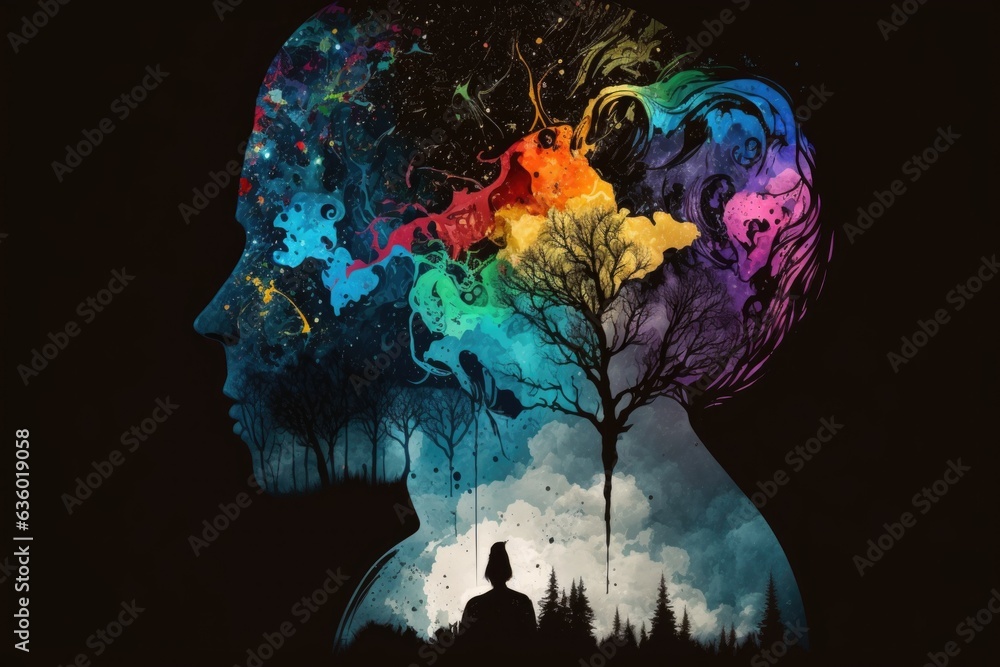 Poster silhouette of a man in front of a tree with colorful brain