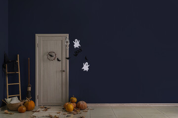Interior of hall decorated for Halloween party. Banner for design