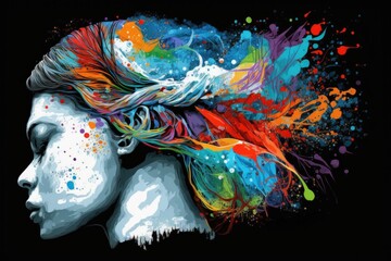 Head of woman with colorful paint splashes on black background. Art design