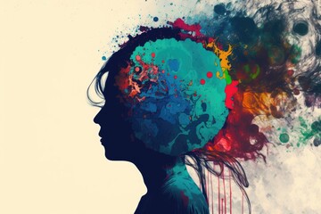 Silhouette of a woman's head with colorful paint splashes