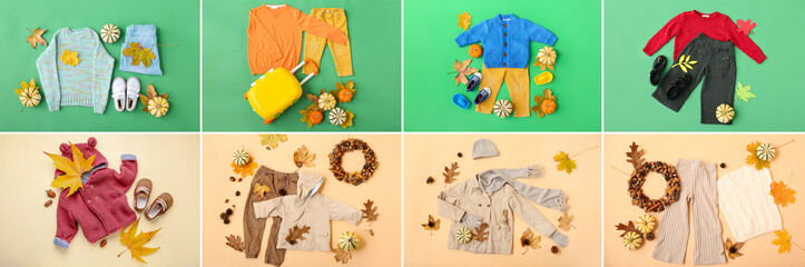 Fototapeta premium Collage of stylish baby clothes and accessories on color background, top view